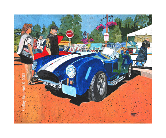 Art print of a painting of a blue Shelby Cobra.