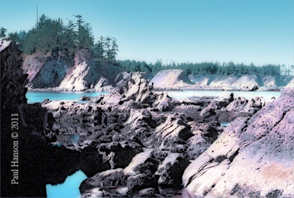 Digital art print of a photo of of a rocky bay on the southern Oregon coast, that has been manipulated to give it a lithographic look.  Printed on archival, high quality paper with archival quality inks.