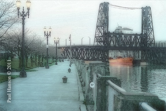 Digital art print of a photo of the Steel Bridge in Portland, Oregon. The photo has been manipulated to give it a lithographic look.  Printed on archival, high quality paper with archival quality inks.
