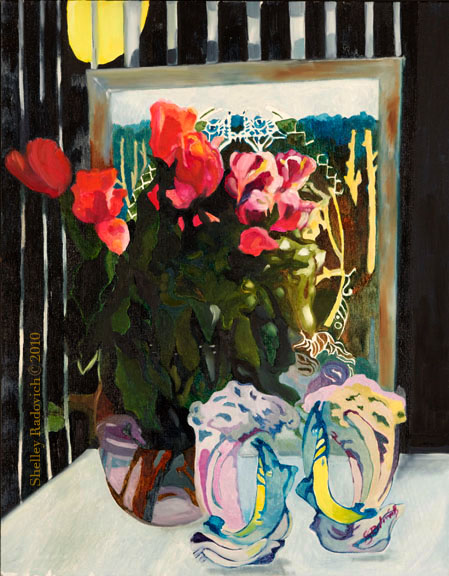 Non-traditional floral and still life oil painting on canvas. Complimentary colors and graceful shapes characterize this painting.