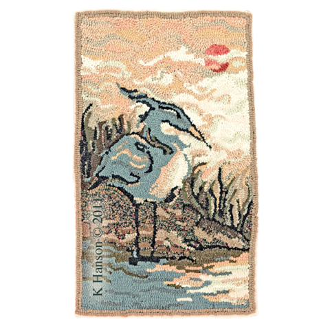 OOAK americana folk art hand hooked wool rug of a great blue heron.  Made from wool strips, which are hand crafted onto a cotton monks cloth backing; finished with a cotton twill on the underside edge.