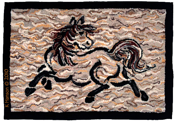 OOAK americana folk art hand hooked wool rug of a running pony.